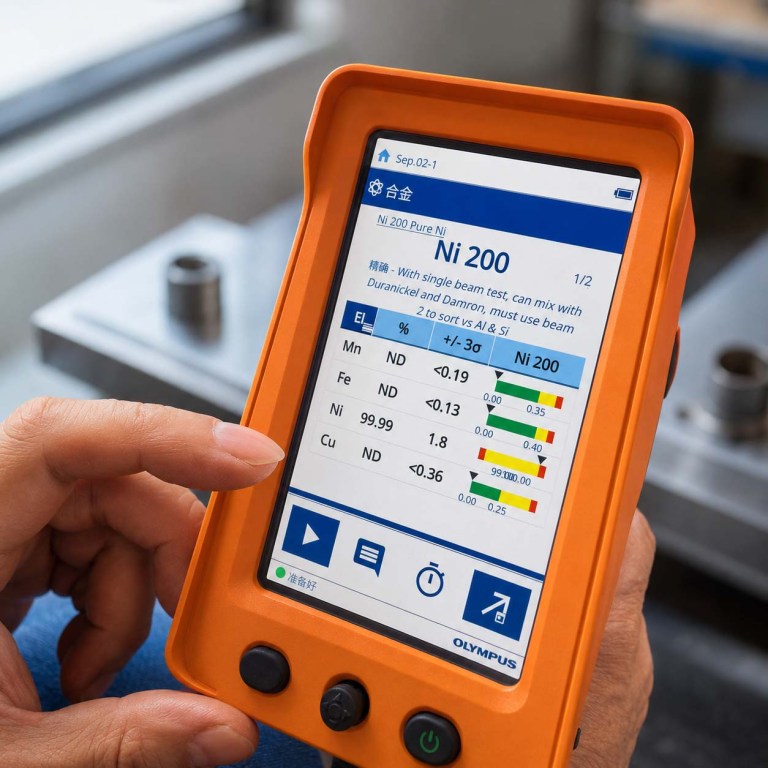 Handheld alloy analyzer verifying Ni 200 material composition