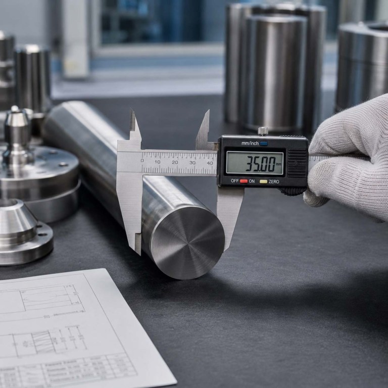 Digital caliper performing dimensional inspection on a precision metal bar
